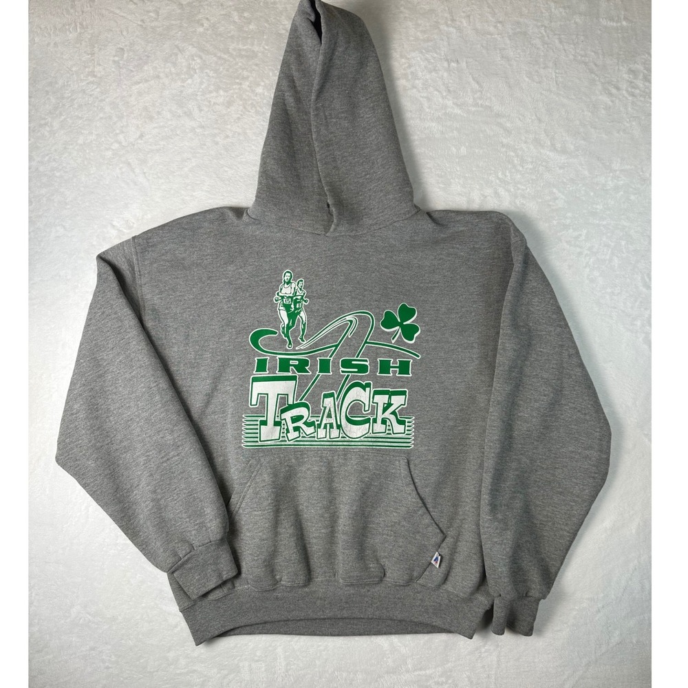 Vintage Russell Athletic Irish Track Hoodie Gray Green Shamrock Sweatshirt L